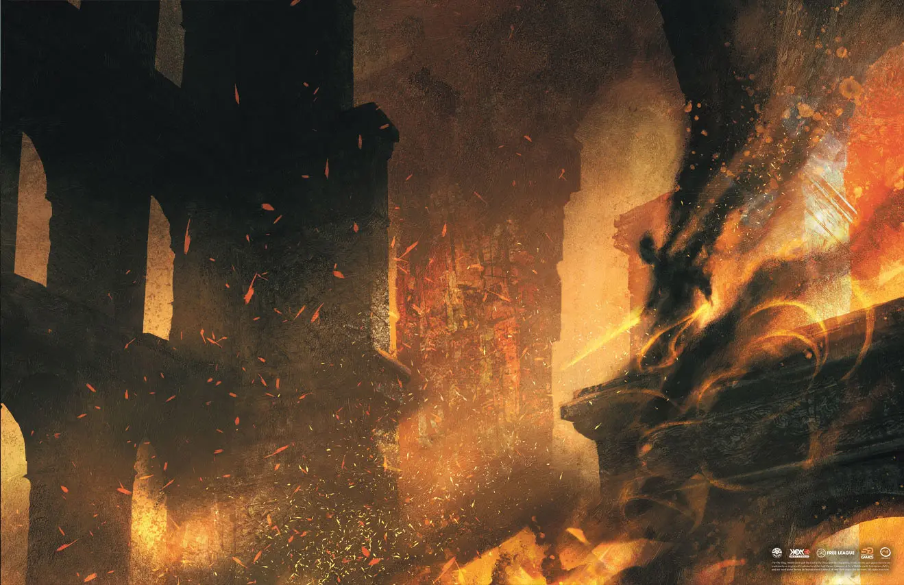 Postać z płonącym mieczem stojąca nad płomieniami